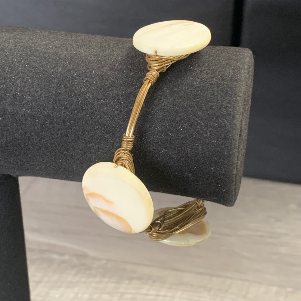 Artisan Gold Tone Wire Wrap Bangle Bracelet Mother of Pearl Shell Discs 8 Inch